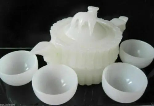 CHINESE 100% NATURAL WHITE JADE HAND-CARVED BAMBOO TEAPOT & 4 CUPS