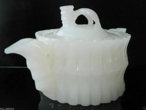 CHINESE 100% NATURAL WHITE JADE HAND-CARVED BAMBOO TEAPOT & 4 CUPS