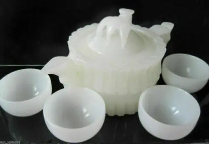 CHINESE 100% NATURAL WHITE JADE HAND-CARVED BAMBOO TEAPOT & 4 CUPS