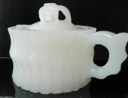 CHINESE 100% NATURAL WHITE JADE HAND-CARVED BAMBOO TEAPOT & 4 CUPS
