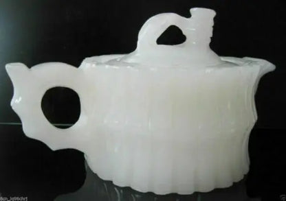 CHINESE 100% NATURAL WHITE JADE HAND-CARVED BAMBOO TEAPOT & 4 CUPS