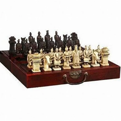 CHINESE DRAGON WOOD LEATHER WITH 32 CHESS BOX SET