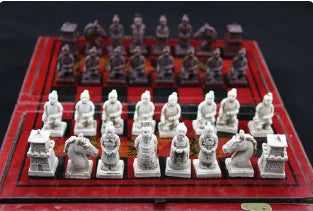 CHINESE DRAGON WOOD LEATHER WITH 32 CHESS BOX SET