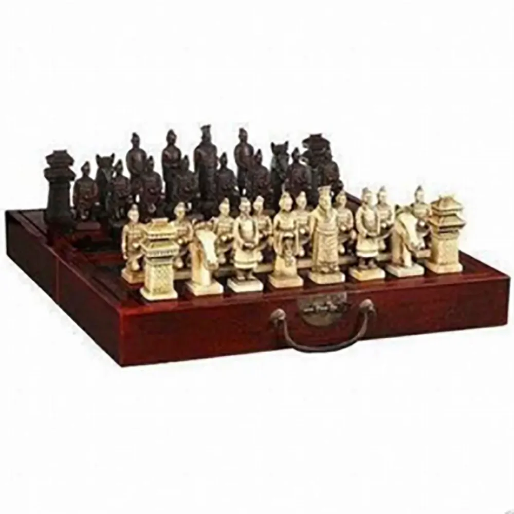 CHINESE DRAGON WOOD LEATHER WITH 32 CHESS BOX SET