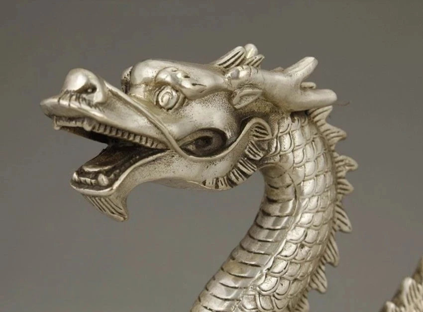 CHINESE OLD BIG WHITE COPPER HANDWORK CARVING DRAGON STATUE