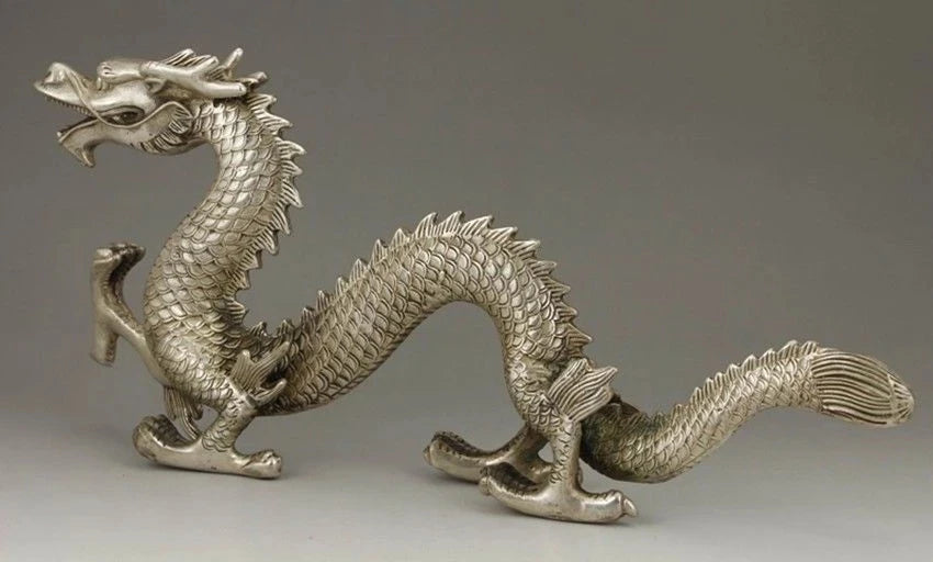 CHINESE OLD BIG WHITE COPPER HANDWORK CARVING DRAGON STATUE