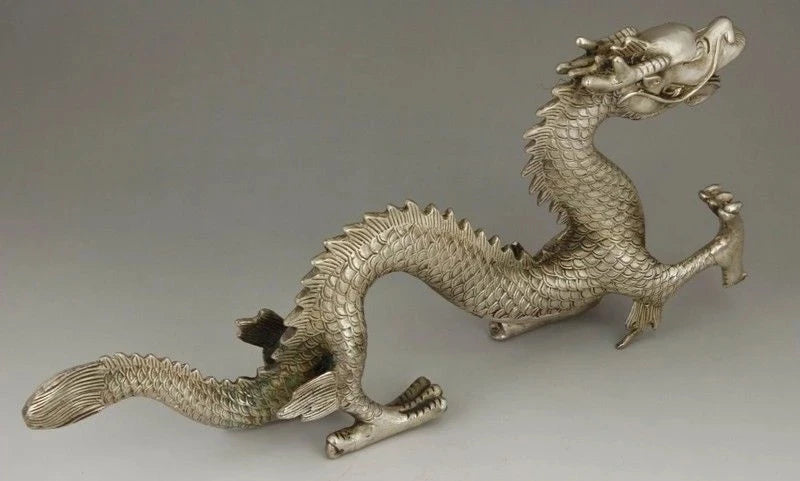 CHINESE OLD BIG WHITE COPPER HANDWORK CARVING DRAGON STATUE