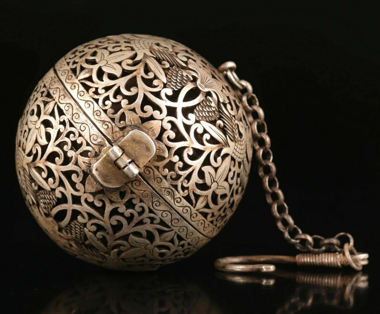 CHINESE Old TIBETAN SILVER COPPER PENDANT INCENSE BURNER OLD DRAGON PHOENIX