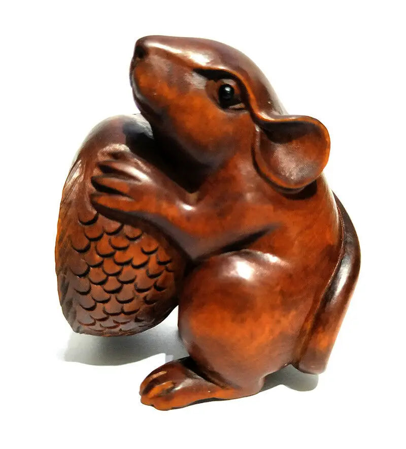 CQ021 - 2" Hand Carved Boxwood Netsuke Figurine Carving: Mouse and Fish Sculpture Animal Ornaments