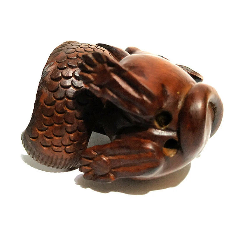 CQ021 - 2" Hand Carved Boxwood Netsuke Figurine Carving: Mouse and Fish Sculpture Animal Ornaments