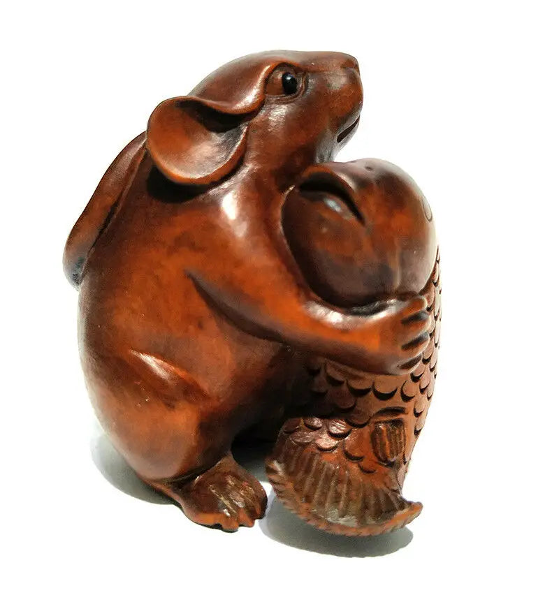CQ021 - 2" Hand Carved Boxwood Netsuke Figurine Carving: Mouse and Fish Sculpture Animal Ornaments