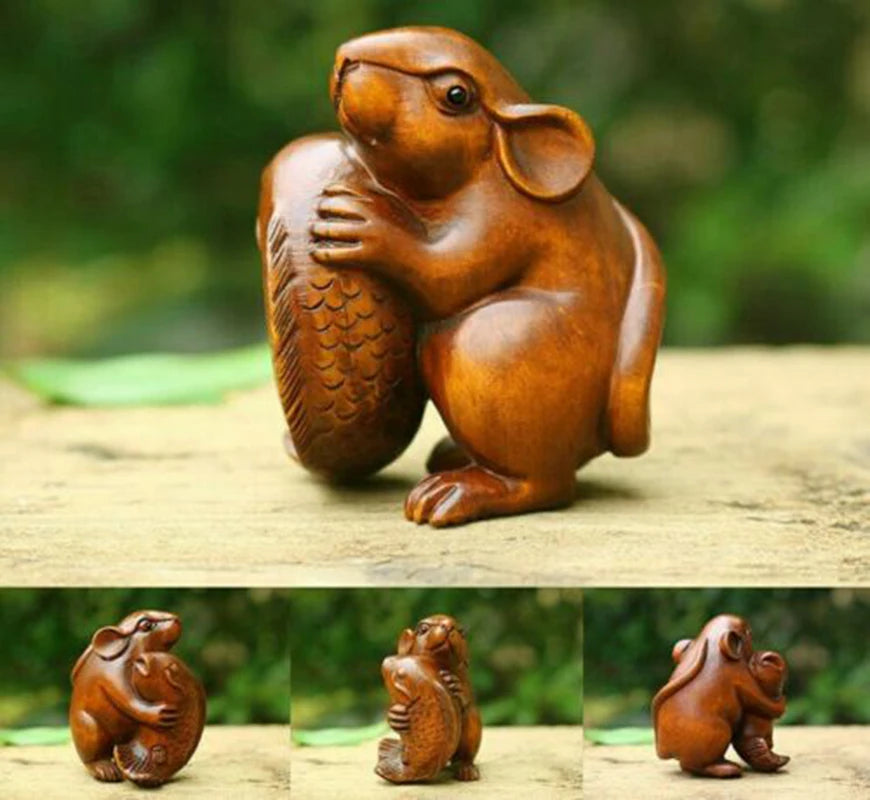 CQ021 - 2" Hand Carved Boxwood Netsuke Figurine Carving: Mouse and Fish Sculpture Animal Ornaments