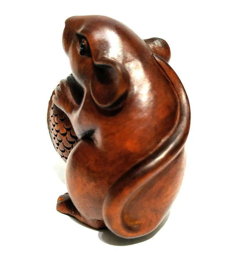 CQ021 - 2" Hand Carved Boxwood Netsuke Figurine Carving: Mouse and Fish Sculpture Animal Ornaments