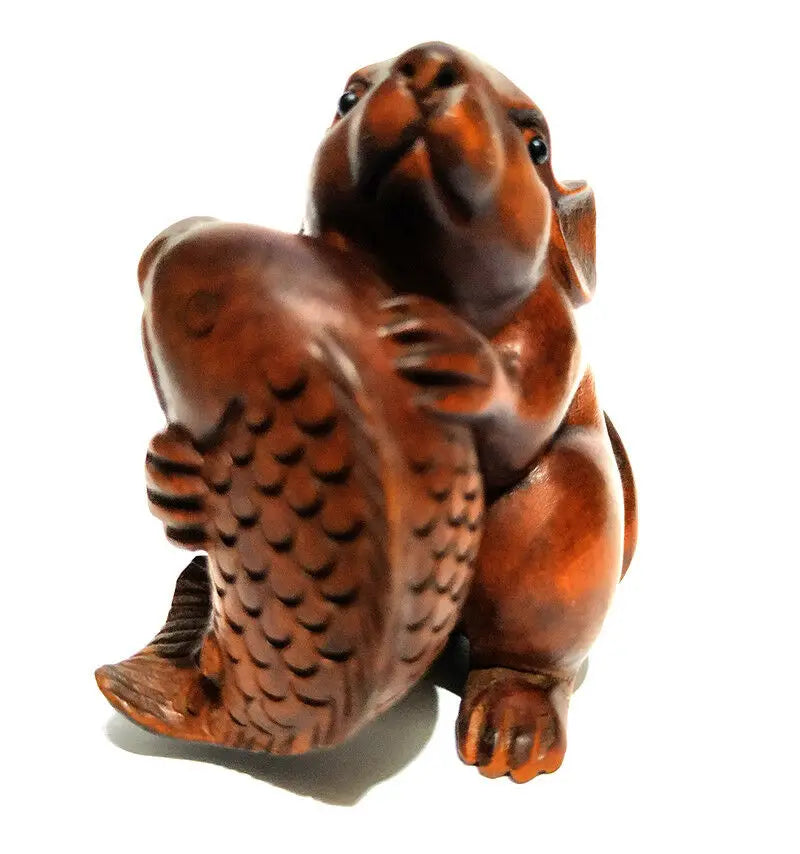 CQ021 - 2" Hand Carved Boxwood Netsuke Figurine Carving: Mouse and Fish Sculpture Animal Ornaments
