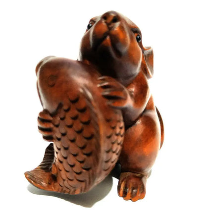 CQ021 - 2" Hand Carved Boxwood Netsuke Figurine Carving: Mouse and Fish Sculpture Animal Ornaments