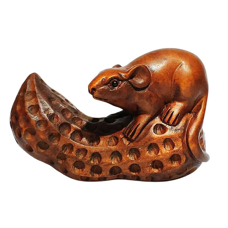 CQ034 - 2" Hand Carved Boxwood Netsuke Animal Figurine Lovely Mouse and Peanut Sculpture