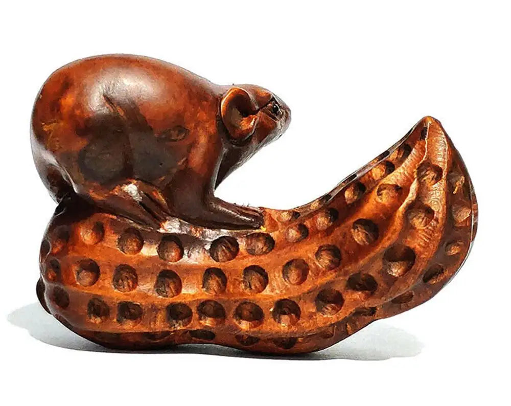 CQ034 - 2" Hand Carved Boxwood Netsuke Animal Figurine Lovely Mouse and Peanut Sculpture