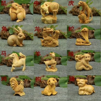 CQ059 - 12 Pcs 2" Hand Carved Boxwood Netsuke Home Decor- 12 Zodiac Animals