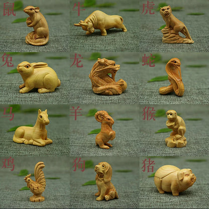 CQ061 - 12 Pcs 2" Hand Carved Boxwood Netsuke Home Decor - 12 Zodiac Animals