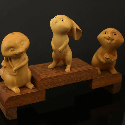 CQ118ca - 7.5-8 CM High Hand Carved Boxwood Figurine Carving - 3 Rabbits Lovely