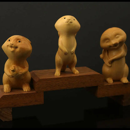 CQ118ca - 7.5-8 CM High Hand Carved Boxwood Figurine Carving - 3 Rabbits Lovely