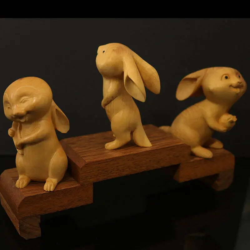 CQ118ca - 7.5-8 CM High Hand Carved Boxwood Figurine Carving - 3 Rabbits Lovely