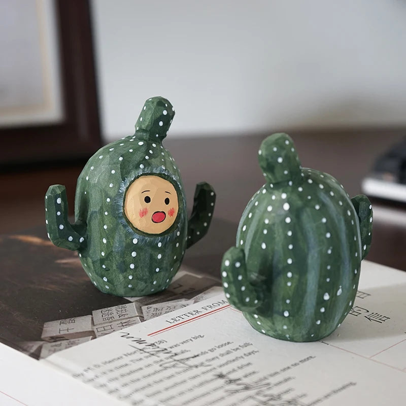 Cactus doll handmade wooden carving small ornaments, cute wooden carving,healing series cartoon desk decoration,home accessories