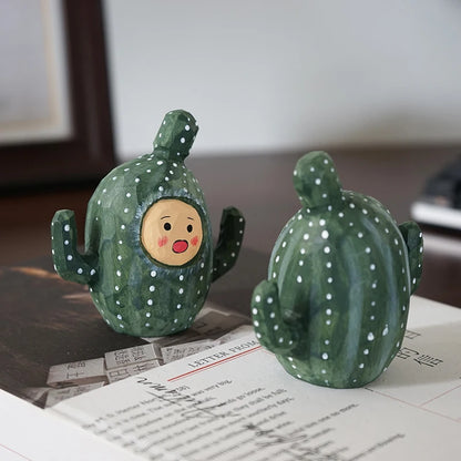Cactus doll handmade wooden carving small ornaments, cute wooden carving,healing series cartoon desk decoration,home accessories