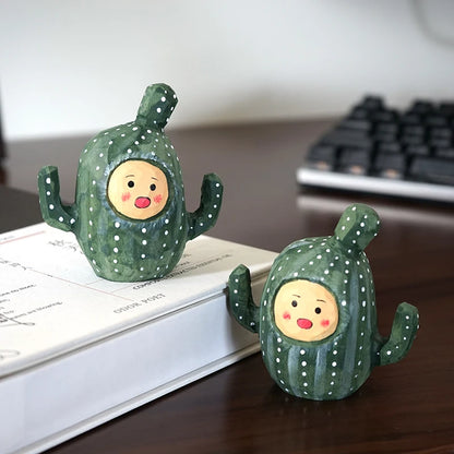 Cactus doll handmade wooden carving small ornaments, cute wooden carving,healing series cartoon desk decoration,home accessories