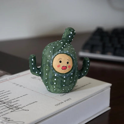 Cactus doll handmade wooden carving small ornaments, cute wooden carving,healing series cartoon desk decoration,home accessories