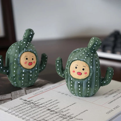 Cactus doll handmade wooden carving small ornaments, cute wooden carving,healing series cartoon desk decoration,home accessories