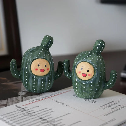 Cactus doll handmade wooden carving small ornaments, cute wooden carving,healing series cartoon desk decoration,home accessories
