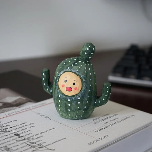 Cactus doll handmade wooden carving small ornaments, cute wooden carving,healing series cartoon desk decoration,home accessories