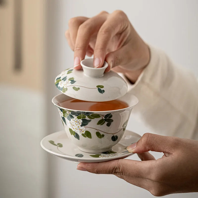 Camellia Gaiwan Ceramic Tea Cup Kung Fu Tea Set Large Tea Cup Household Tea Bowl Chinese Gaiwan Tea Set Flowers Teacup Teaware
