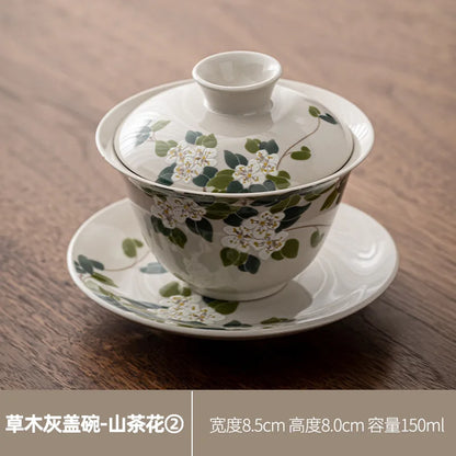 Camellia Gaiwan Ceramic Tea Cup Kung Fu Tea Set Large Tea Cup Household Tea Bowl Chinese Gaiwan Tea Set Flowers Teacup Teaware