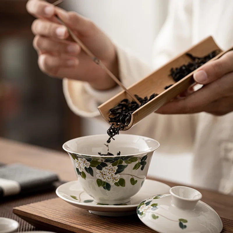 Camellia Gaiwan Ceramic Tea Cup Kung Fu Tea Set Large Tea Cup Household Tea Bowl Chinese Gaiwan Tea Set Flowers Teacup Teaware