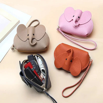 Candy Color Coin Purse Genuine Leather Women Shell Wallet with Keychain Zipper Ladies Clutch Coins Change Bag Elephant Pattern