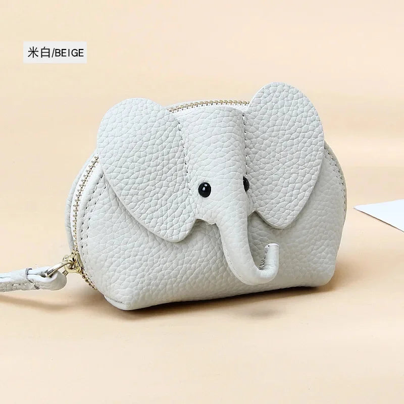 Candy Color Coin Purse Genuine Leather Women Shell Wallet with Keychain Zipper Ladies Clutch Coins Change Bag Elephant Pattern