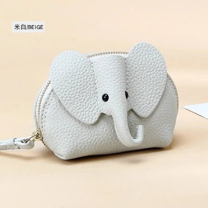 Candy Color Coin Purse Genuine Leather Women Shell Wallet with Keychain Zipper Ladies Clutch Coins Change Bag Elephant Pattern
