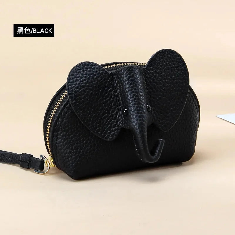 Candy Color Coin Purse Genuine Leather Women Shell Wallet with Keychain Zipper Ladies Clutch Coins Change Bag Elephant Pattern