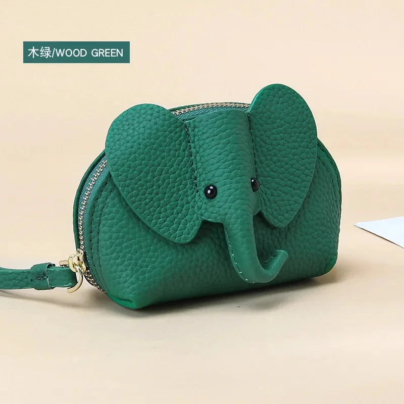Candy Color Coin Purse Genuine Leather Women Shell Wallet with Keychain Zipper Ladies Clutch Coins Change Bag Elephant Pattern