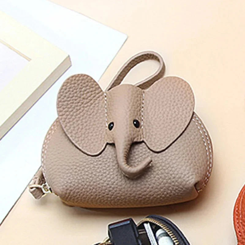 Candy Color Coin Purse Genuine Leather Women Shell Wallet with Keychain Zipper Ladies Clutch Coins Change Bag Elephant Pattern