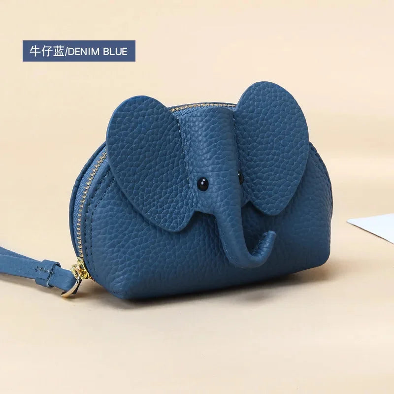 Candy Color Coin Purse Genuine Leather Women Shell Wallet with Keychain Zipper Ladies Clutch Coins Change Bag Elephant Pattern