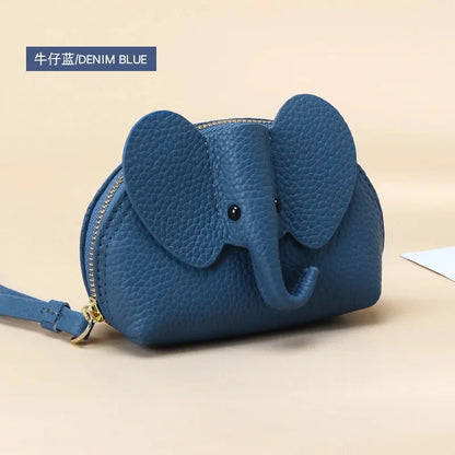 Candy Color Coin Purse Genuine Leather Women Shell Wallet with Keychain Zipper Ladies Clutch Coins Change Bag Elephant Pattern