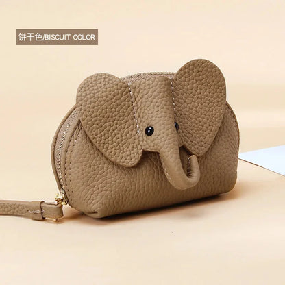 Candy Color Coin Purse Genuine Leather Women Shell Wallet with Keychain Zipper Ladies Clutch Coins Change Bag Elephant Pattern