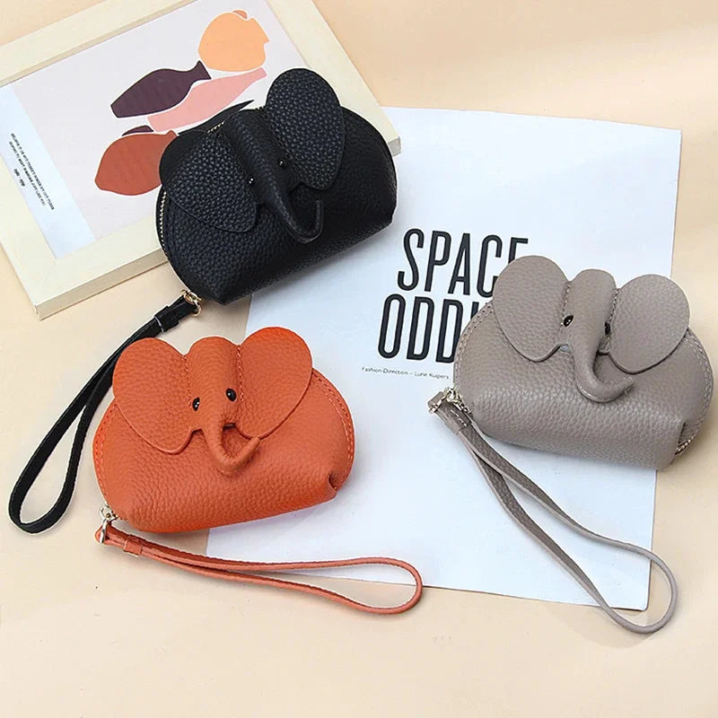 Candy Color Coin Purse Genuine Leather Women Shell Wallet with Keychain Zipper Ladies Clutch Coins Change Bag Elephant Pattern