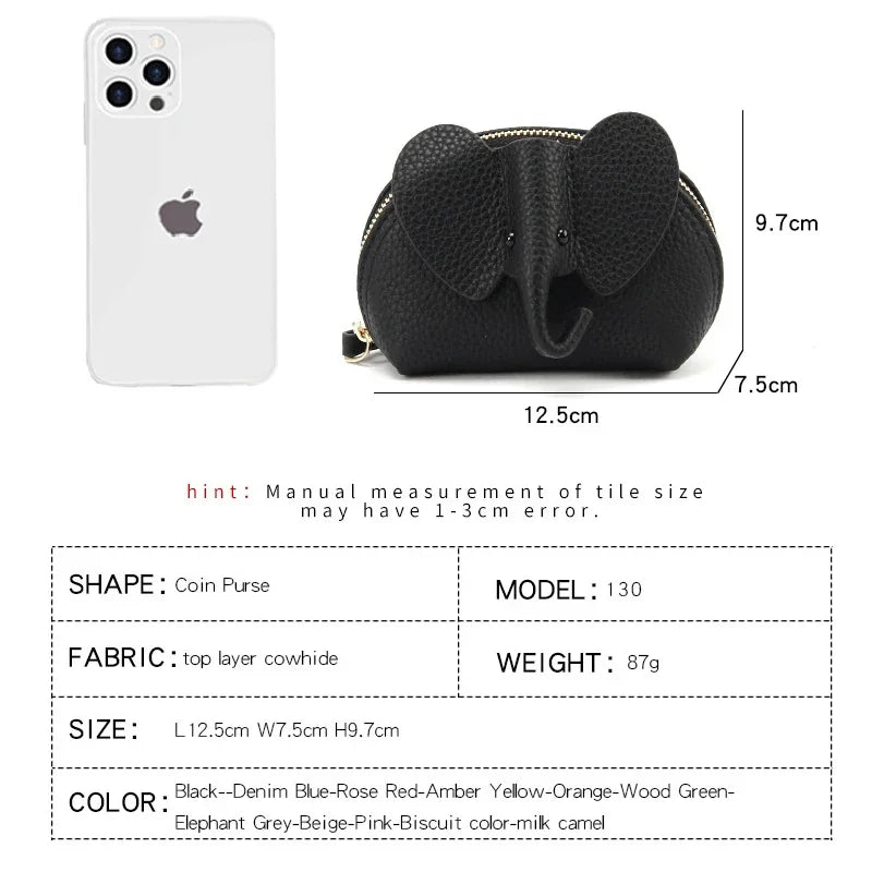 Candy Color Coin Purse Genuine Leather Women Shell Wallet with Keychain Zipper Ladies Clutch Coins Change Bag Elephant Pattern