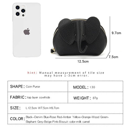 Candy Color Coin Purse Genuine Leather Women Shell Wallet with Keychain Zipper Ladies Clutch Coins Change Bag Elephant Pattern