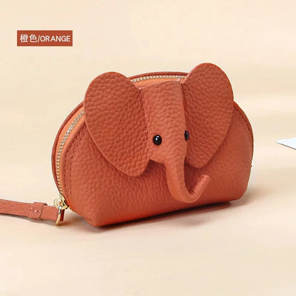 Candy Color Coin Purse Genuine Leather Women Shell Wallet with Keychain Zipper Ladies Clutch Coins Change Bag Elephant Pattern