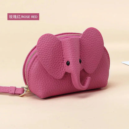 Candy Color Coin Purse Genuine Leather Women Shell Wallet with Keychain Zipper Ladies Clutch Coins Change Bag Elephant Pattern